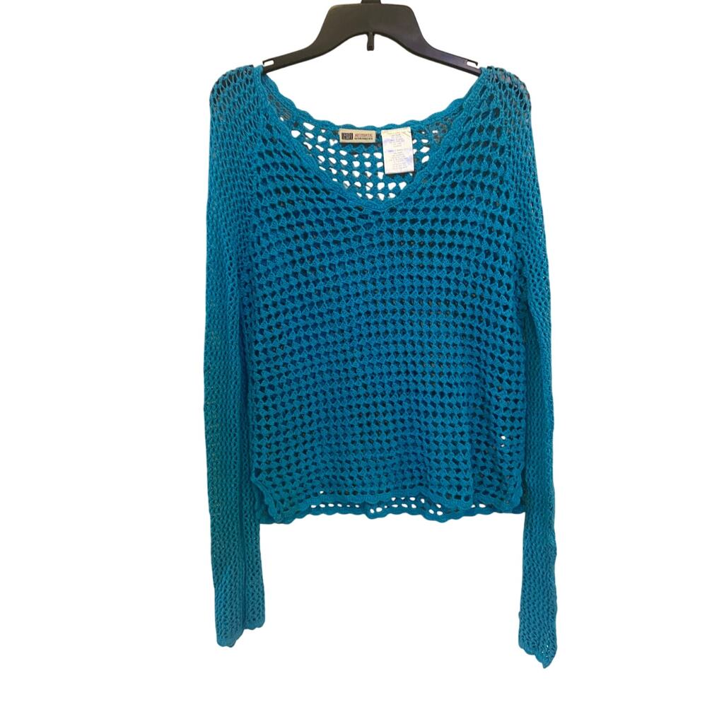 Vintage Y2K Fairy Faded Glory Long Sleeve Blue‎ Knit Top Tunic Crochet Size L